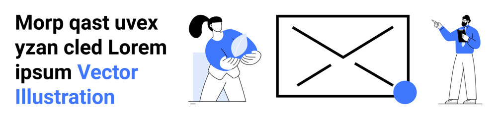 Woman holding content element, man gesturing to a mail interface. Ideal for digital marketing, email services, teamwork, collaboration, outreach, content sharing, simple landing page