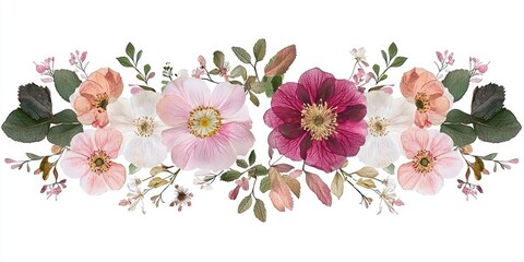 Poster design of pressed flowers arranged in a delicate symmetrical layout