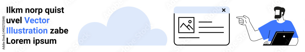 Poster male figure gesturing at a digital interface with a cloud and text, combining technology and online 