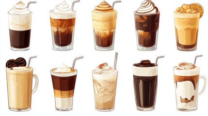 A variety of cold coffee drinks. Includes iced espresso, frappe, cappuccino, and more! Perfect for a cafe menu.
