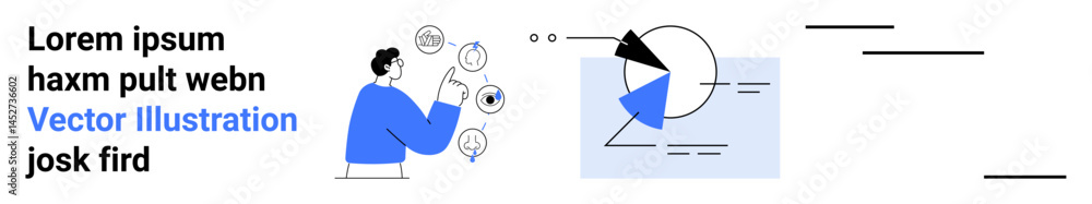 Poster person examining data visualized in charts and graphs with icons representing ideas, communication, 
