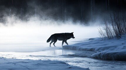 A silhouette of a lone wolf prowling along the snowy bank of a frozen river