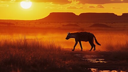 A silhouette of a lone hyena walking warily along a dry riverbed