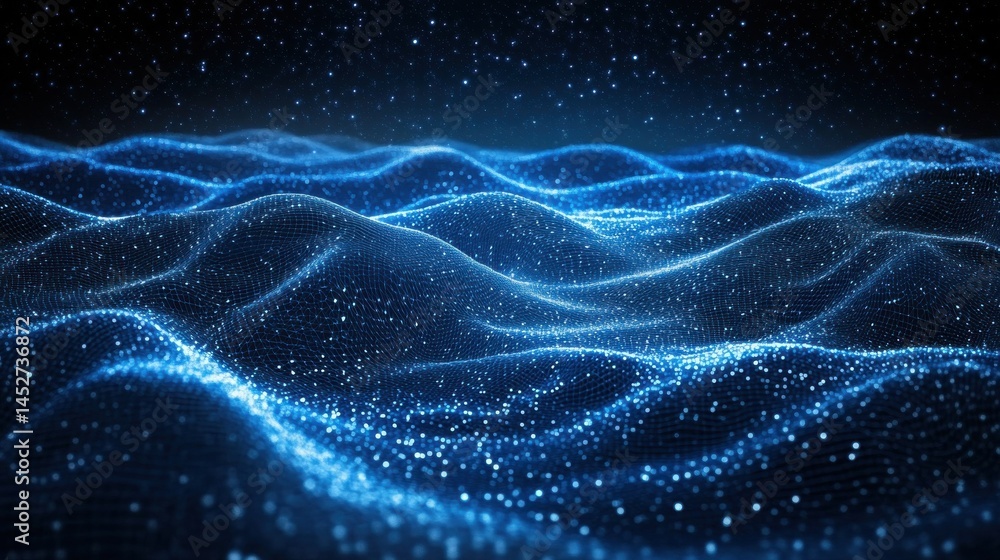Poster digital abstract polygonal network with glowing particles in dark blue, connectivity concept, ai tec