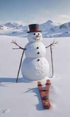 Fototapeta premium Lonely snowman in snowy field, skis & sled nearby , winter, skis, solitary
