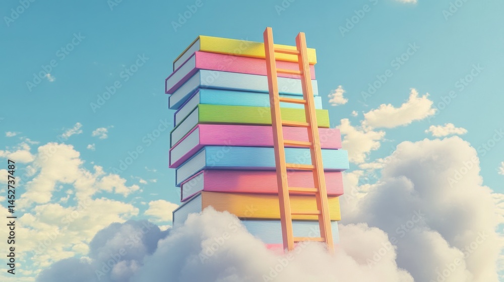 Poster abstract book stack with ladder on sky with clouds background. education and growth concept. 3d rend