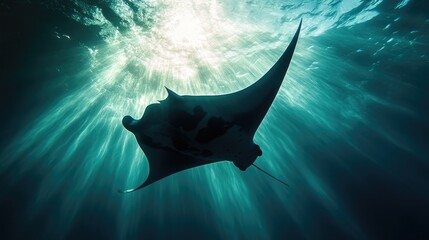A silhouette of a manta ray swimming gracefully near the surface of translucent water