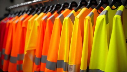 Fototapeta premium Rows of bright orange and yellow reflective safety vests hanging on a rack, Concept of safety and caution, created with generative ai