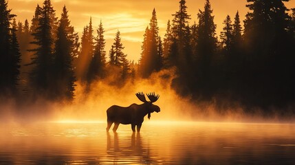 A silhouette of a moose standing in shallow water surrounded by towering pines