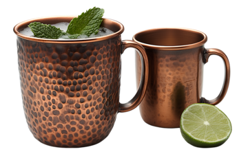 Copper mug with mint and lime on the left nickel cup for database on the right on transparent background PNG