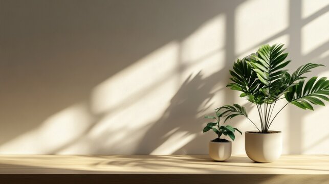 Indoor home scene with plants in pots. Sunlight casts shadows on light wooden surface, wall. Minimalist design with clean lines, empty space. Ideal for zoom background home decor inspiration. Fresh