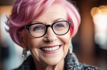 Elderly woman wears glasses smiling. Young at heart lady enjoys life. Youth concept. Senior retired woman feel positive vibe. Bright pink hair. Perfect teeth, advertising for health, dentist clinic.