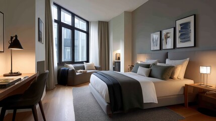 Fototapeta premium A functional and comfortable guest room in a townhouse, designed for short stays