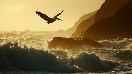 A silhouette of a pelican skimming above crashing waves along a rugged shoreline