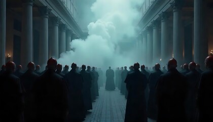 Group of Vatican cardinals in black robes and red caps watching white smoke in a dark, misty atmosphere, created with generative ai