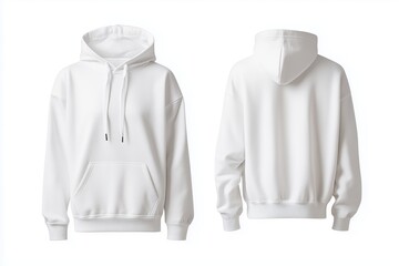 Blank white hoodie mockup front and back views with realistic texture and folds, isolated on white background