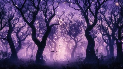 Ethereal purple forest aglow with fairy lights