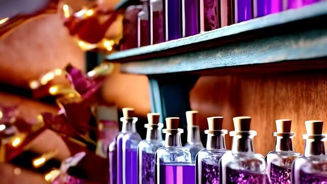Hand in grey furry mittens holding glass with purple liquid next to row of colorful glass potion bottles on shelf, magical elixir