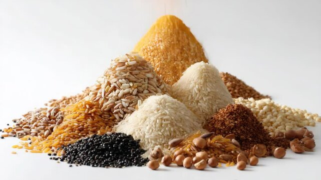 Diverse assortment of uncooked grains and seeds piled in cones on a white backdrop highlighting natural textures, colors, and varied sizes, showcasing a staple food collection.