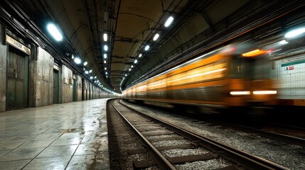 A subway tunnel with a train speeding along tracks, lit by bright overhead lights