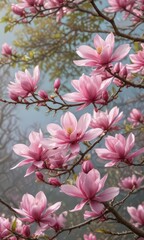 Obraz premium A profusion of pink magnolia flowers in full bloom on a graceful branch , flowers, image
