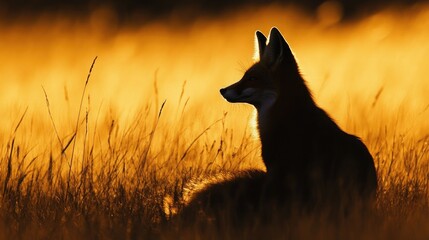 A silhouette of a red fox curled up in the tall grasses of a peaceful meadow