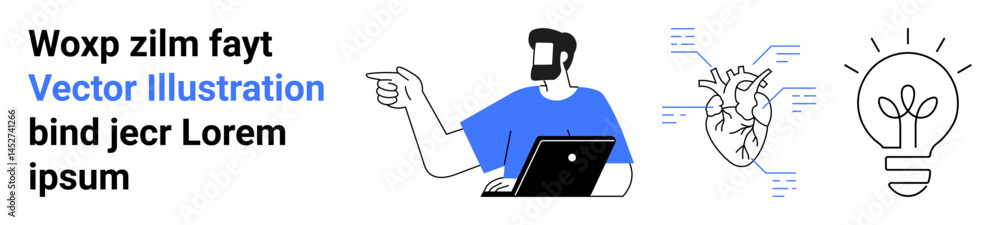 Poster man pointing towards futuristic visuals of a heart and light bulb while using a laptop. ideal for cr