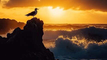 A silhouette of a seagull balancing on a jagged coastal rock near crashing waves