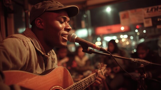 An open mic night at a city cafee featuring performers from various cultures