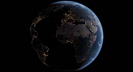 Earth globe view from space showing continents and city lights at night.