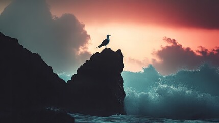 A silhouette of a seagull balancing on a jagged coastal rock near crashing waves