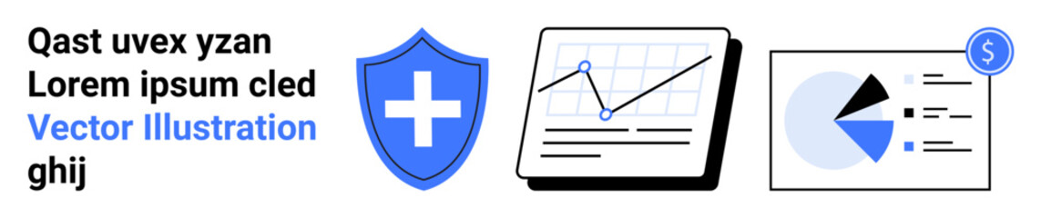 Blue shield with cross plus dynamic charts, pie graph, and dollar icon. Ideal for finance, healthcare, data security, analytics, business solutions, progress tracking simple landing page