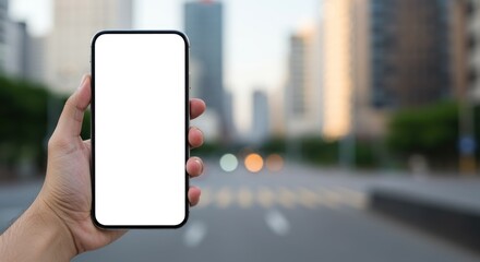 Hand holding a smartphone with a blank white screen in an urban setting.