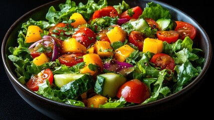 Colorful vibrant salad in a dark bowl
