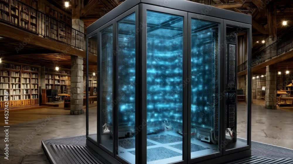 Poster futuristic data storage system illuminated in a classic library setting, showcasing technology innov