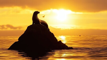 A silhouette of a seal lounging atop a jagged rock in the middle of a calm ocean