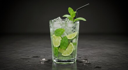 Mojito cocktail in glass with ice lime and mint on dark surface.