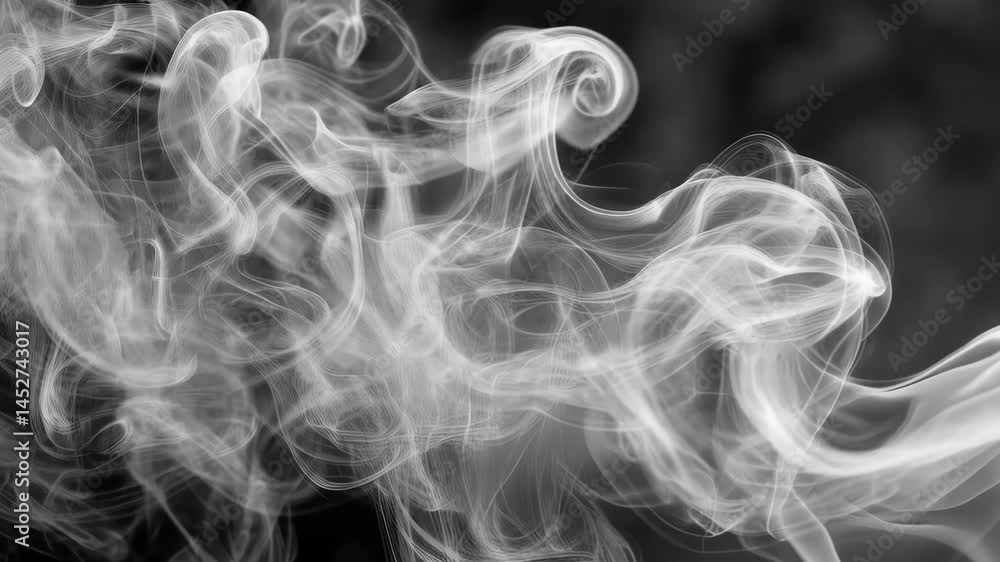 Poster ethereal white smoke billows across a dark background, creating intricate patterns and flowing shape