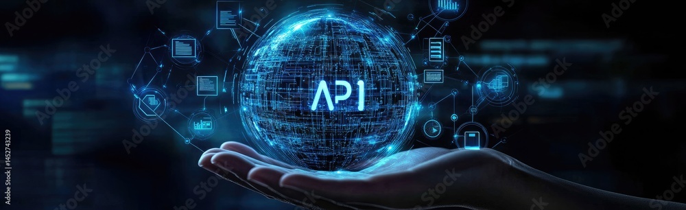 Poster glowing blue api sphere holding by a hand with connected icons on dark backdrop