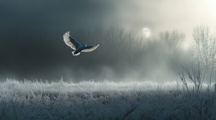 A silhouette of a snowy owl gliding low over a frost-covered meadow