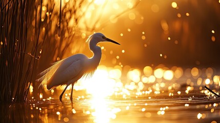 A silhouette of a snowy egret wading through tall reeds beside a sparkling river