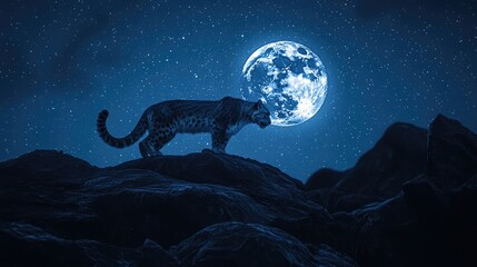 A silhouette of a snow leopard prowling across a rocky ridge
