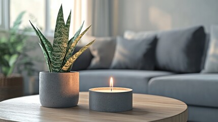 Candle and plant in grey concrete pot on wooden coffee tables in front of scandinavian designed sofa illustration