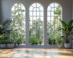 Fototapeta premium Bright and airy interior with large windows showcasing lush greenery outside
