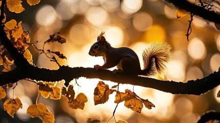 A silhouette of a squirrel perched delicately on a branch of an ancient oak