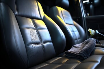 Leather car seats are being cleaned in daylight, showcasing a towel and cleaning spray on the seat surface for effective maintenance Generative AI