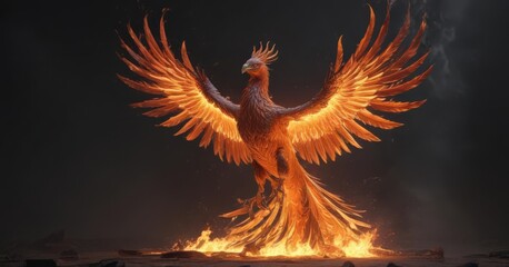 Majestic phoenix in fiery blaze, stark contrast against black ,  black,  fantasy art,  high resolution