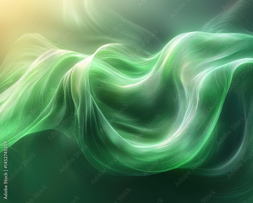 Poster abstract flowing green waves with soft light, creating a serene atmosphere