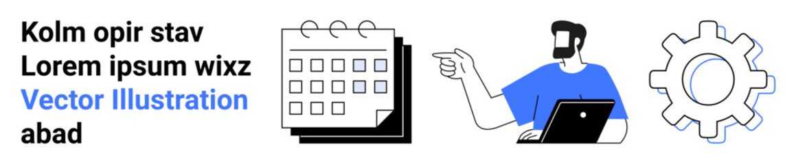 Man holding laptop and pointing at organized calendar, next to a gear symbolizing efficiency and settings. Ideal for workflow, scheduling, productivity, settings, teamwork, planning, flat landing