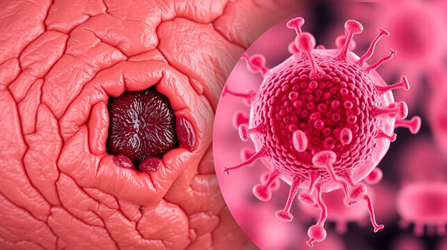 Cutaneous leishmaniasis ulcer and close-up view of Leishmania amastigotes infected human histiocyte cells, 3D illustration